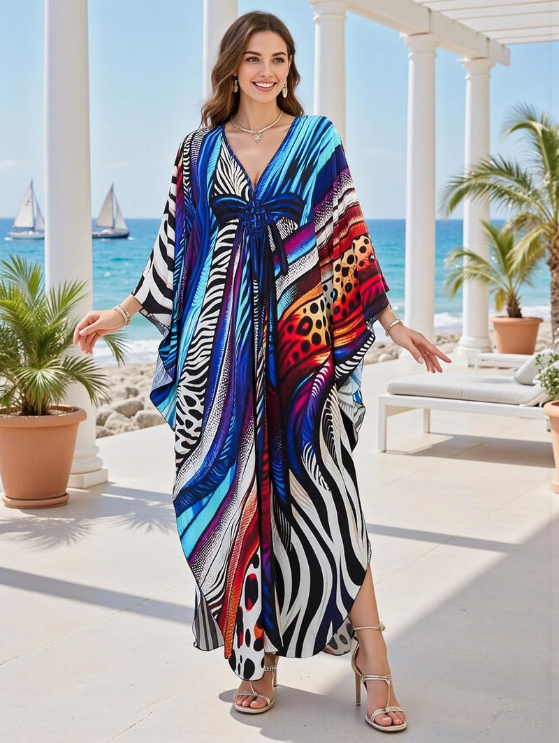 IMAGEKOPE Women's Plus Size Animal Print V-Neck Batwing Kaftan Beach Dress Bathing Suit Cover-Up Loungewear - Image 4